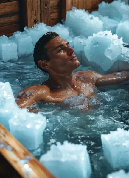 Athlete in wooden icebath filled with ice and cold-min