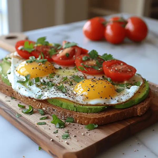 A slice of toast with avocado,eggs,tomatos and chives