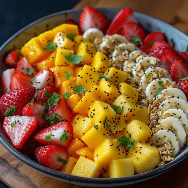 Fruit Salad containing mango, banana and strawberries