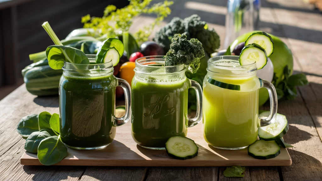 Assorted mason jars filled with vibrant green juices made from spinach, kale, and cucumber, arranged against a backdrop of fresh vegetables and fruits on a rustic wooden tabletop