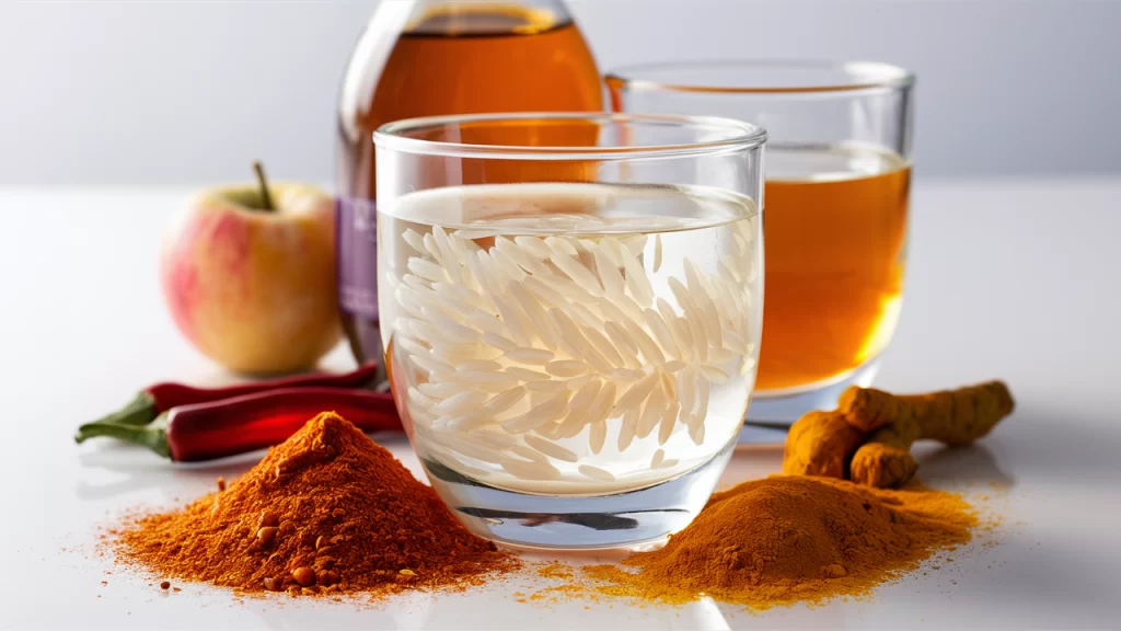 Close-up shot of a glass of rice water with a small bottle of apple cider vinegar, a sprinkling of cayenne pepper, and a pinch of turmeric powder nearby on a white surface