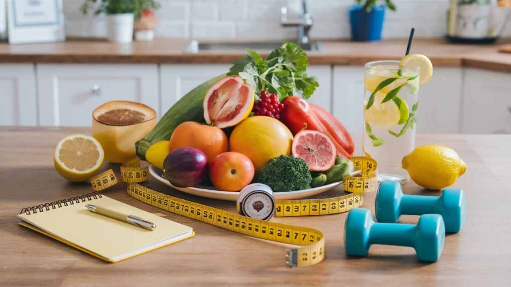 Balanced weight loss essentials including fresh produce, infused water, dumbbells, and a notebook on a kitchen counter.