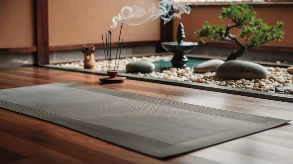 A tranquil yoga space with a yoga mat laid out on a wooden floor, surrounded by relaxing elements such as incense, a small fountain, smooth pebbles, and a bonsai tree, illuminated by soft natural light.