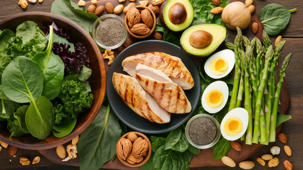 A vibrant assortment of healthy low-carb foods including leafy greens, avocados, eggs, lean grilled chicken, nuts, and seeds arranged on a rustic wooden table.