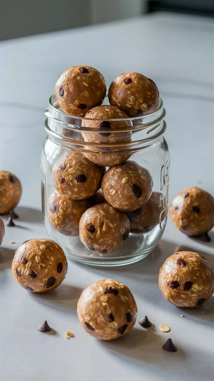 A clear glass mason jar filled with protein balls, showcasing their portability. 