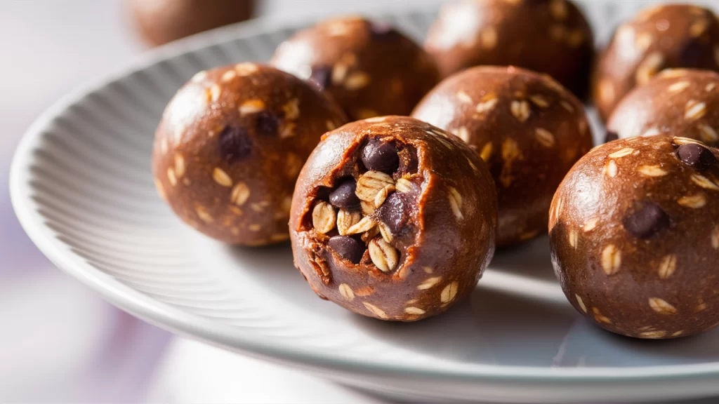 Close-up shot of a white plate filled with neatly arranged protein balls, showcasing their rich texture with visible rolled oats and chocolate chips.