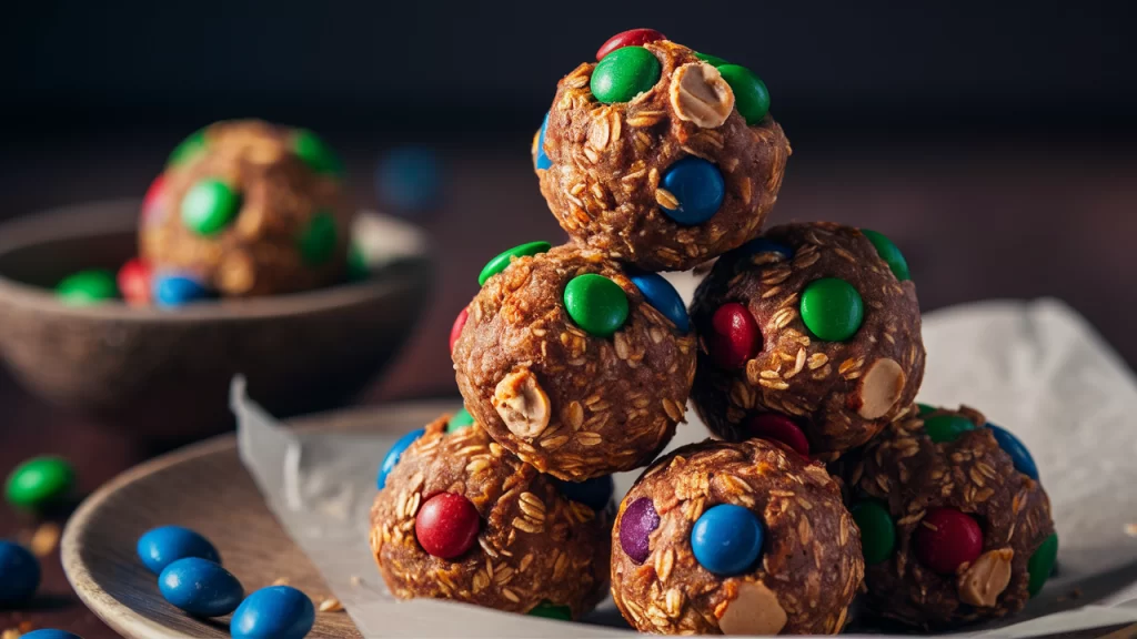 High-resolution close-up of stacked monster cookie protein balls, showcasing colorful mini M&Ms, chocolate chips, and oats on a light marble surface