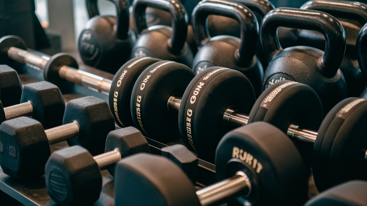 A variety of dumbbells and kettlebells in different weights, including neoprene-coated dumbbells and wide-handled kettlebells, displayed in a gym.