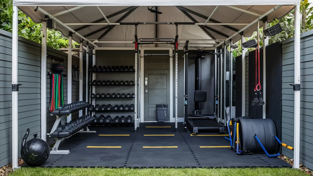 A compact backyard gym with adjustable dumbbells, resistance bands, a foldable treadmill, and a pull-up bar, all organized under a pop-up canopy on outdoor gym mats. Vertical storage racks and solar-powered lights complete the setup, creating a functional and inviting outdoor workout space.