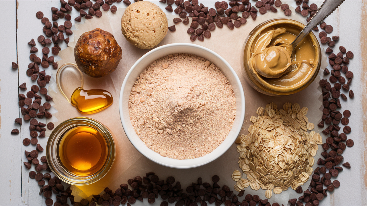 Overhead view of essential ingredients for protein balls arranged on a rustic wooden surface, including protein powder, nut butter, honey or maple syrup, rolled oats, and scattered chocolate chips