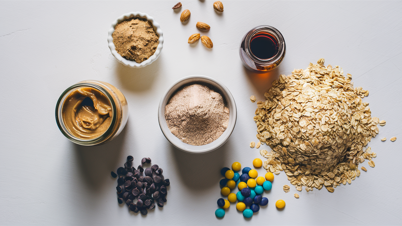 Flat lay image of six essential ingredients for protein balls on a white surface, including a bowl of protein powder, a jar of nut butter, a small bottle of honey or maple syrup, a heap of rolled oats, scattered chocolate chips, and scattered M&Ms.