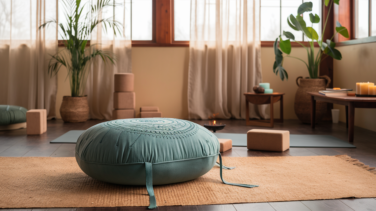 Florensi Meditation Cushion in teal with mandala embroidery resting on a natural-fiber rug in a softly lit yoga room with potted plants and organized yoga accessories.