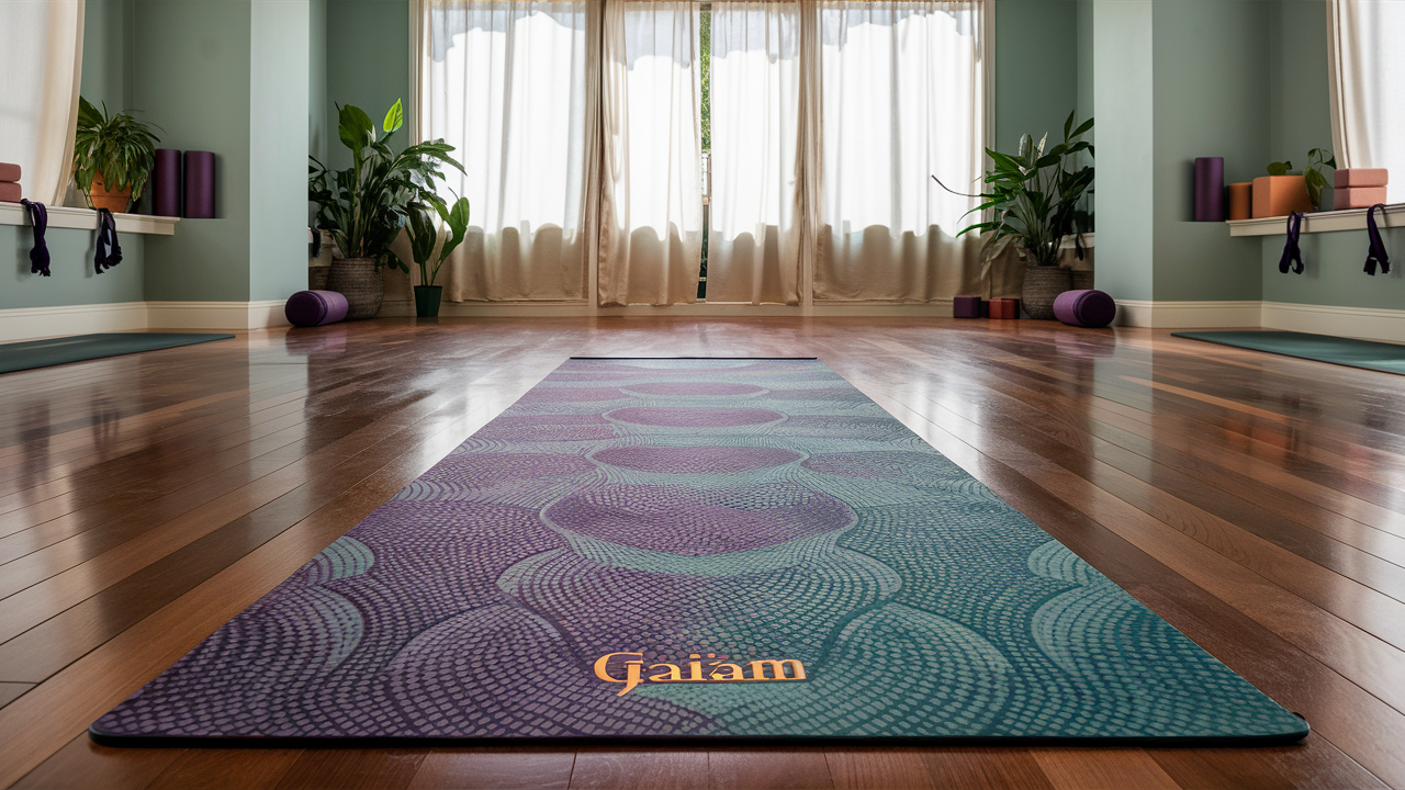 Gaiam Premium Yoga Mat spread out on a polished wooden floor in a tranquil yoga room with natural light, potted plants, and neatly arranged yoga accessories.