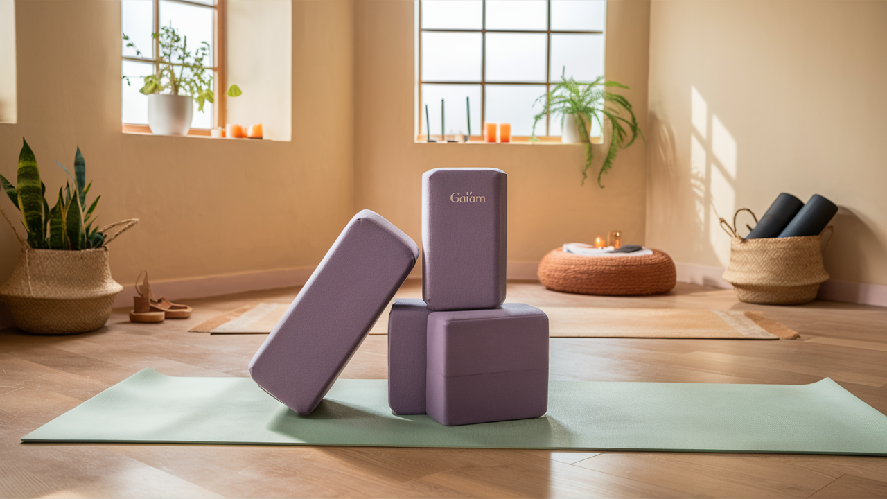 Gaiam Yoga Blocks in lavender color positioned on a pastel-colored yoga mat in a softly lit yoga room with natural light, potted plants, and neatly organized yoga accessories. 