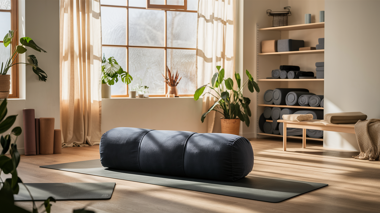 Hugger Mugger Standard Yoga Bolster in navy blue placed on a wooden floor next to a yoga mat in a peaceful yoga room with natural light, potted plants, and neatly organized yoga accessories.