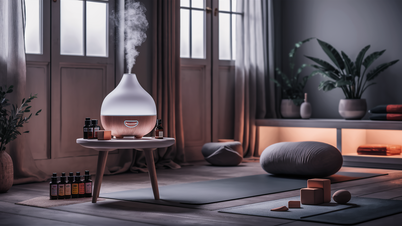 InnoGear Essential Oil Diffuser in white with a wood grain base on a small table next to essential oils in a tranquil yoga room with natural light and neatly arranged yoga accessories.