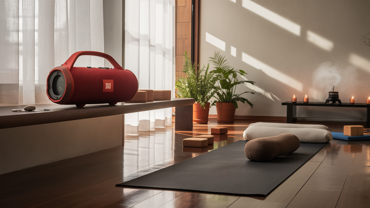 JBL Flip 5 Waterproof Portable Bluetooth Speaker in red displayed on a wooden shelf in a yoga room with natural light, polished wooden floor, and neatly arranged yoga accessories.