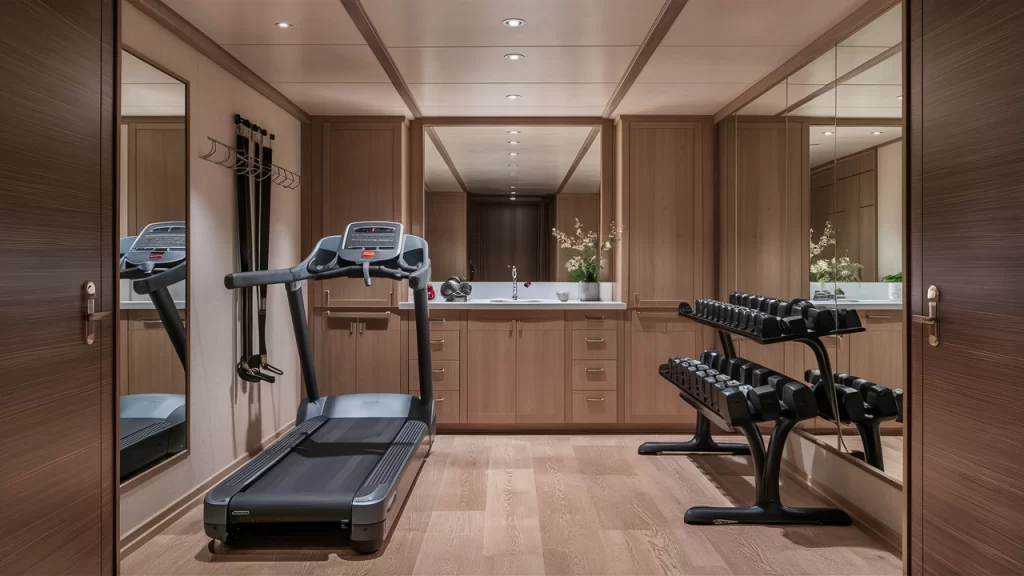 A sophisticated small home gym featuring a high-end stationary treadmill, adjustable dumbbells on a modern wall-mounted rack, and resistance bands on a stylish wall-mounted holder. The room has hardwood flooring, large mirrors on one wall, and built-in cabinets and shelves for organized storage, all bathed in soft, elegant lighting.