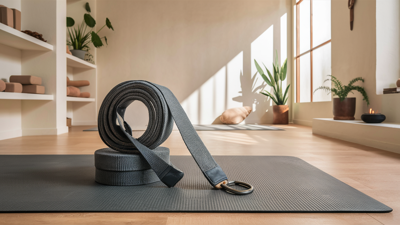 Manduka Align Yoga Strap in slate grey coiled beside a yoga mat in a serene yoga room with natural light, potted plants, and neatly arranged yoga props.