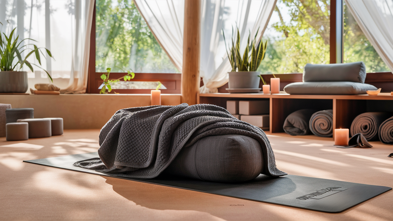  Manduka Yoga Blanket in charcoal grey draped over a yoga bolster on a yoga mat in a bright yoga room with natural light, potted plants, and neatly arranged yoga accessories.