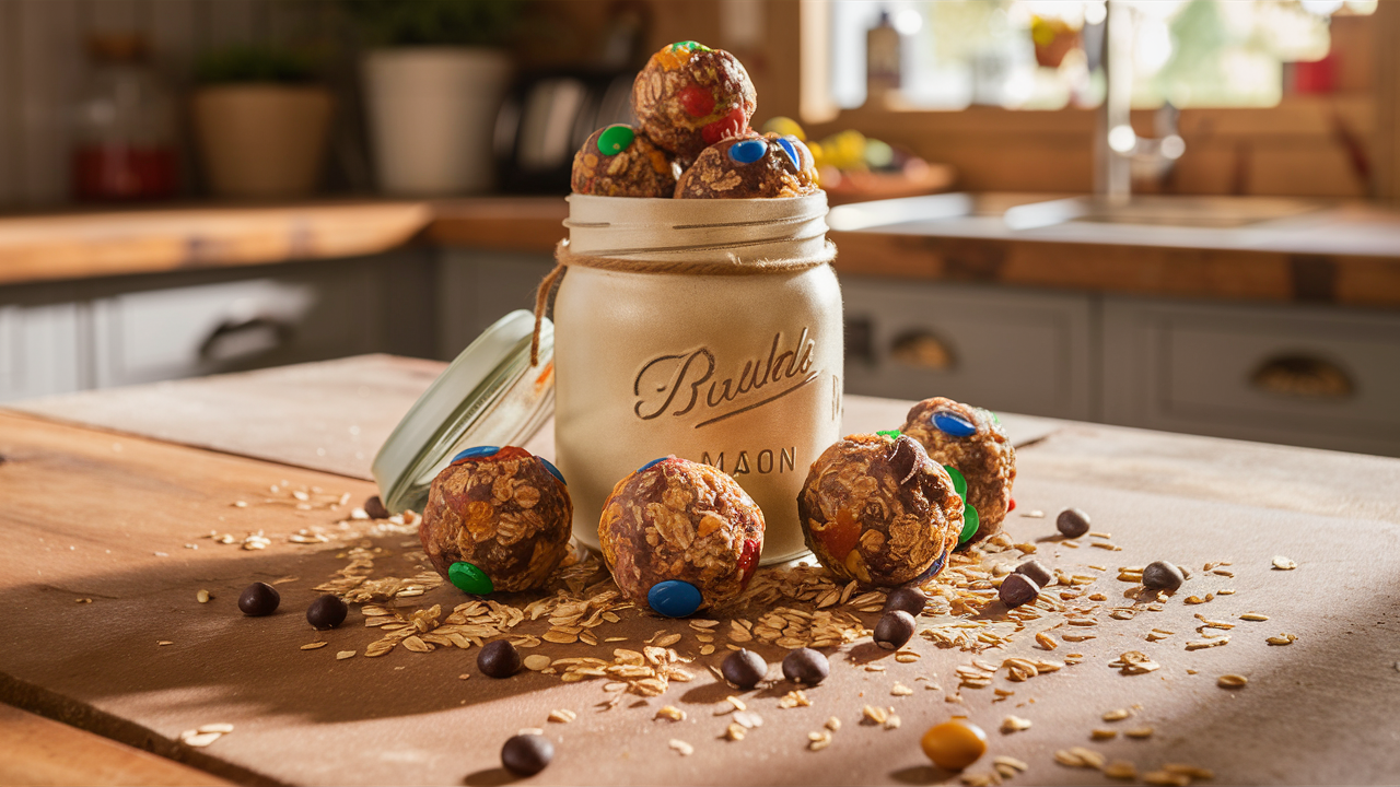 Clear mason jar filled with colorful protein balls, including mini M&Ms, chocolate chips, and oats, placed on a rustic wooden kitchen counter.