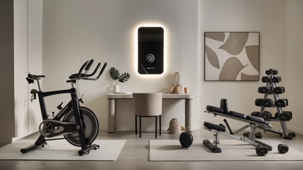 A sleek, modern home gym featuring a smart stationary bike, a digital fitness mirror, and an app-controlled set of adjustable dumbbells. The minimalist space has neutral colors, a plant, and an abstract art piece.