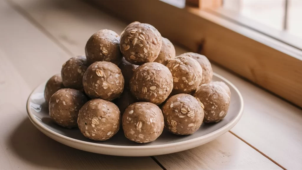 Freshly made protein balls arranged on a white ceramic plate