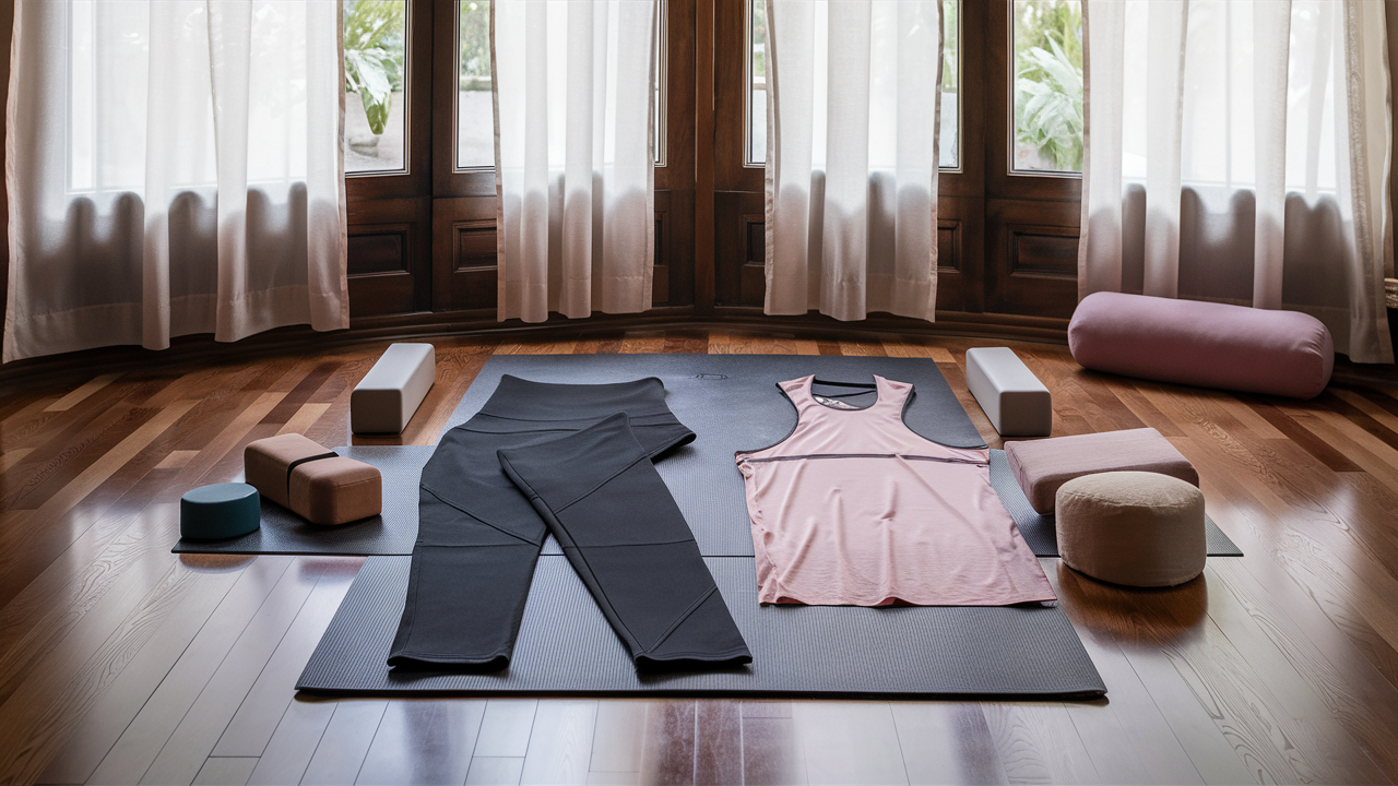 Ododos High Waist Yoga Pants in black and Lai'Yogi Yoga Tank Top in pastel pink laid out on a yoga mat in a well-lit yoga room with natural light and organized yoga accessories.