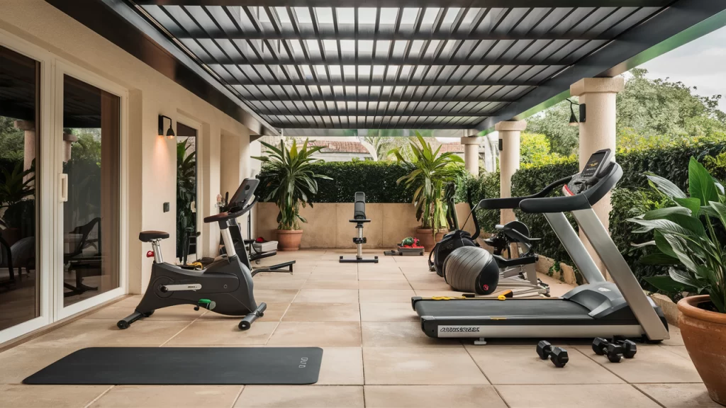 A patio converted into a home gym with various fitness equipment including a treadmill, stationary bike, dumbbells, and a yoga mat, under a pergola with potted plants for a refreshing outdoor workout space.