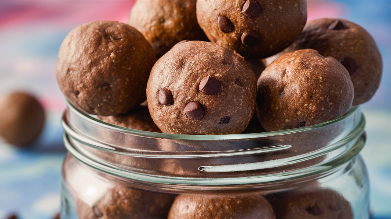 Clear glass mason jar filled with protein balls, showcasing their texture and chocolate chip toppings, highlighting their convenience and portability as a healthy snack option.