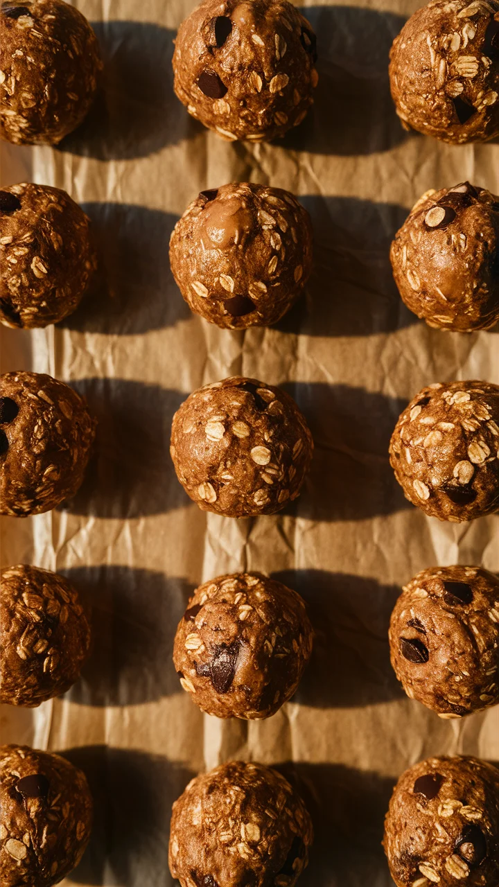 A collection of perfectly round protein balls is neatly arranged on a piece of parchment paper, showcasing their natural, wholesome appeal.