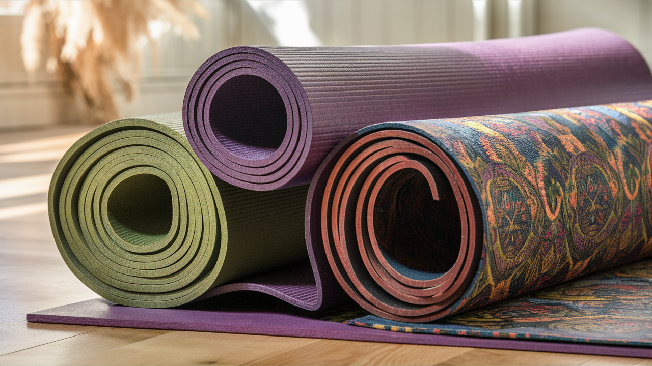 Three yoga mats displayed on a wooden floor, featuring the Liforme Yoga Mat in green, the Manduka Pro Yoga Mat in purple, and the Gaiam Premium Print Yoga Mat with a colorful pattern. The background shows a serene, light-filled room