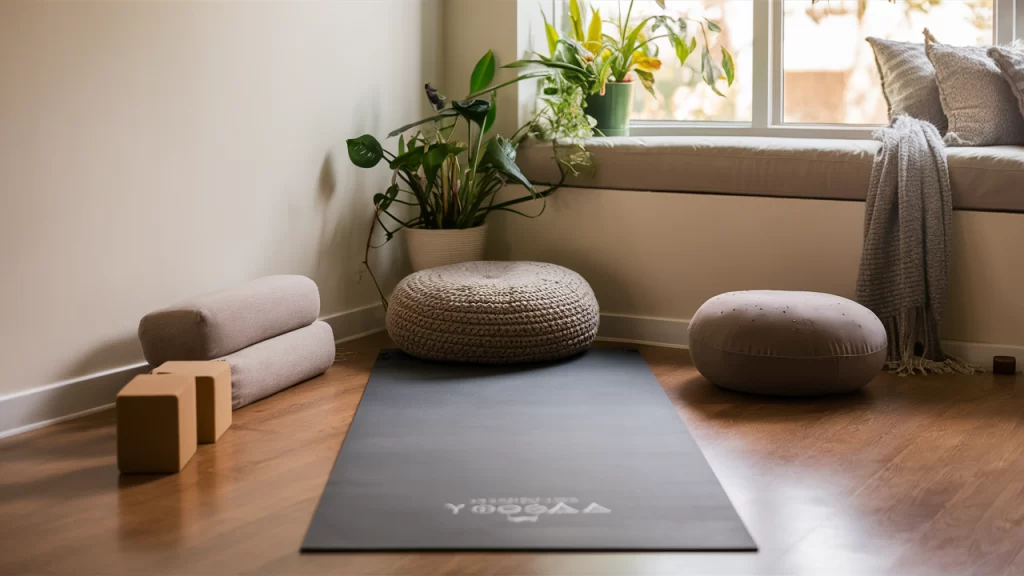 A cozy corner of a living room transformed into a serene yoga space, featuring a yoga mat, blocks, a bolster, and a meditation cushion. Soft natural light filters through a nearby window, highlighting a few houseplants and a neatly arranged yoga setup, evoking a calm and inviting atmosphere.