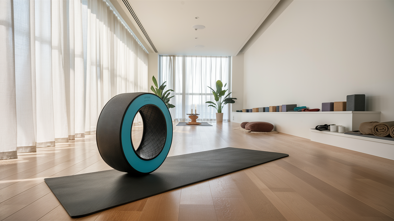 UpCircleSeven Yoga Wheel in turquoise and black on a polished wooden floor beside a yoga mat in a well-lit yoga room with natural light and minimalistic decor.