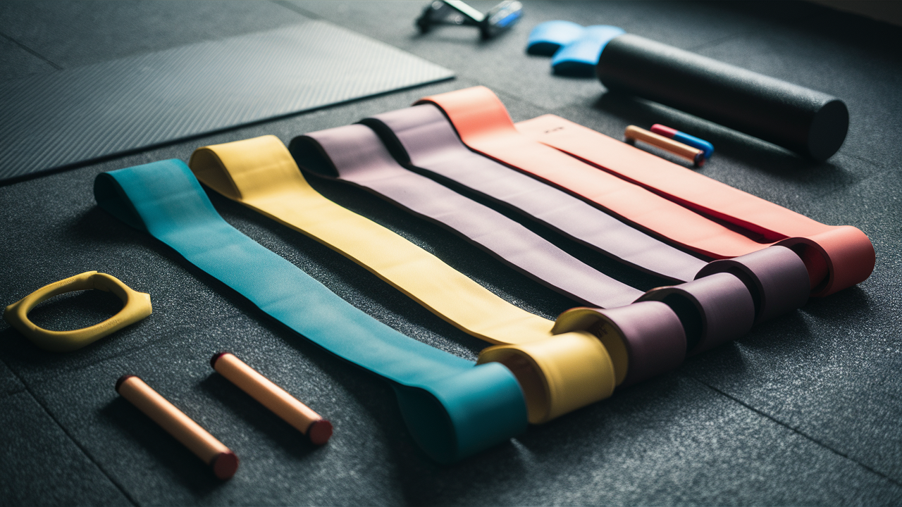 A collection of colorful resistance bands in different resistance levels laid out on a gym floor, with an exercise mat and foam roller in the background.