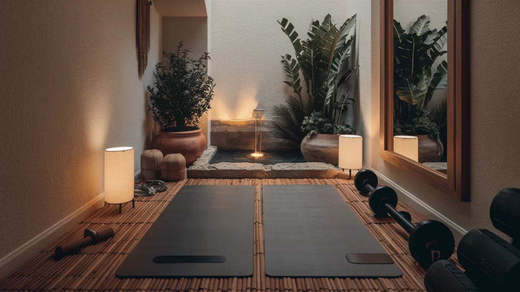 A small home gym designed with a Zen-inspired aesthetic, featuring a yoga mat, resistance bands, adjustable dumbbells, potted plants, soft lighting, wooden accents, and neutral wall colors for a calming and tranquil workout space.