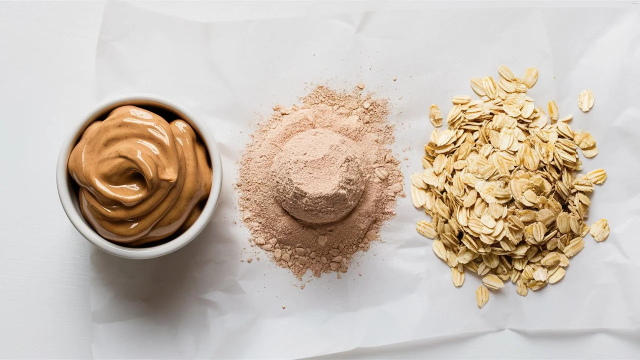 Flat lay image of the three main ingredients for protein balls: a bowl of nut butter, a scoop of protein powder, and a heap of rolled oats, placed side by side on a white surface.