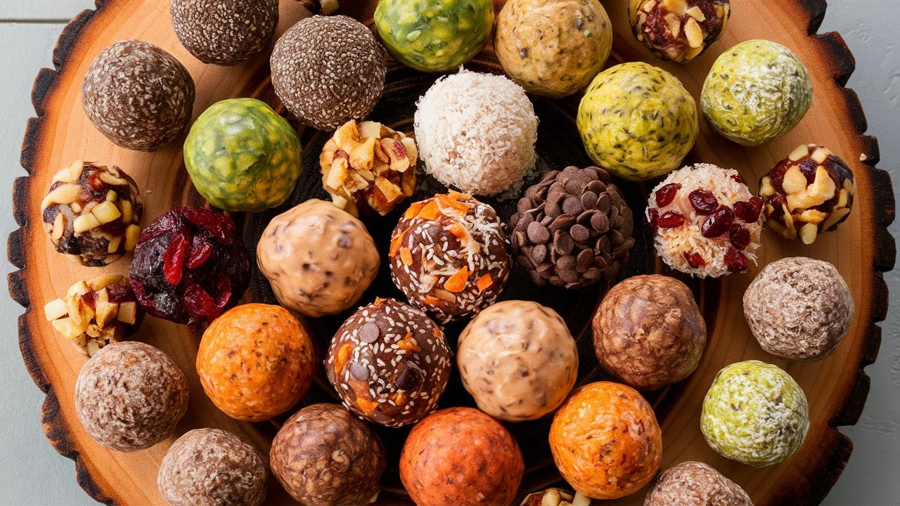 An assortment of protein balls with different add-ins, including chia seeds, mini chocolate chips, shredded coconut, dried cranberries, and chopped nuts, arranged on a rustic wooden platter.