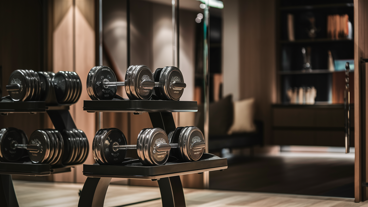 High-end adjustable dumbbells on a sleek stand in a luxury home gym.