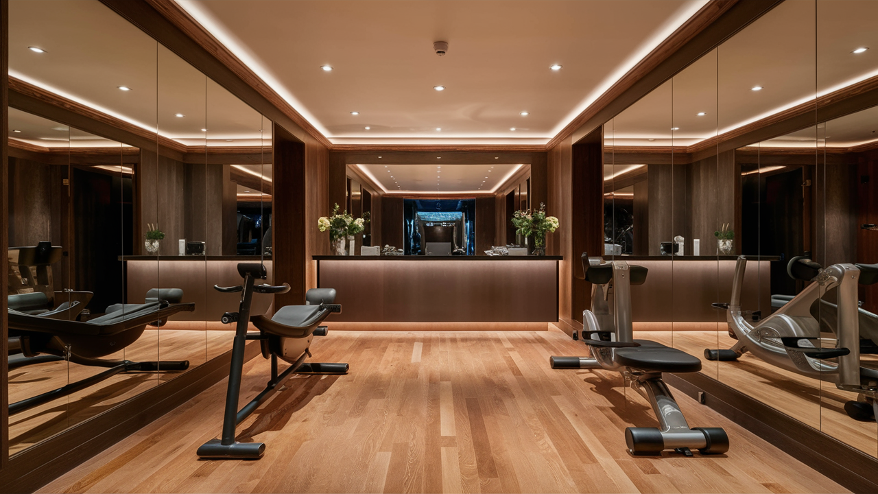 Well-lit, elegant small gym with hardwood floors and sophisticated lighting.