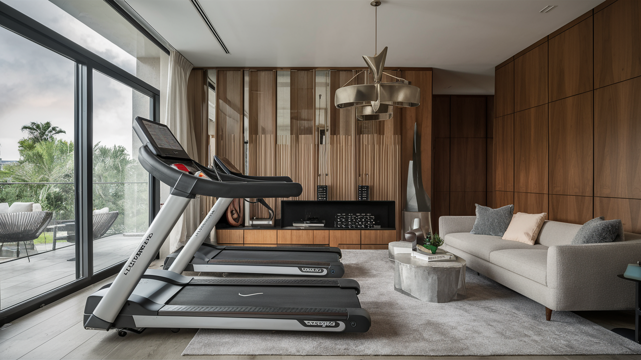  Foldable treadmill with an interactive touchscreen in a luxury home gym.