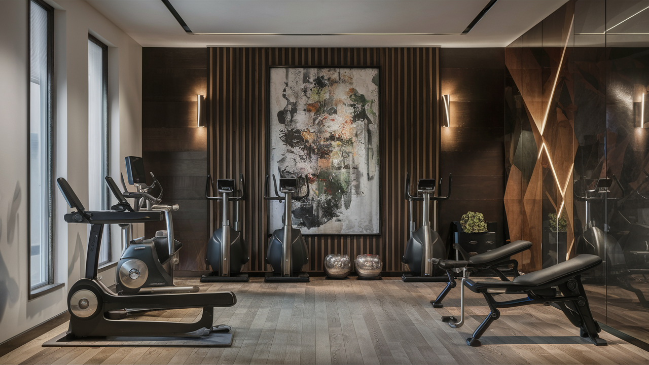 Art and wall decor in a stylish luxury home gym setting.