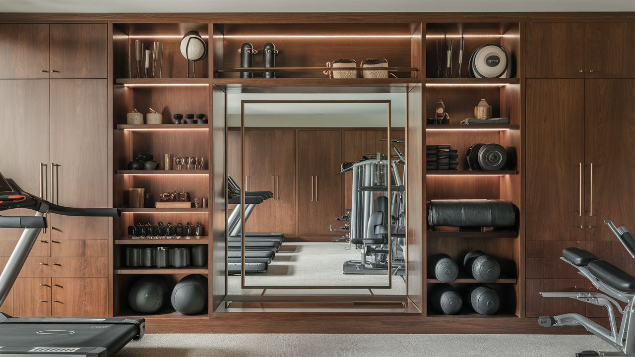 Built-in cabinets and floating shelves storing gym equipment stylishly in a luxury home gym.