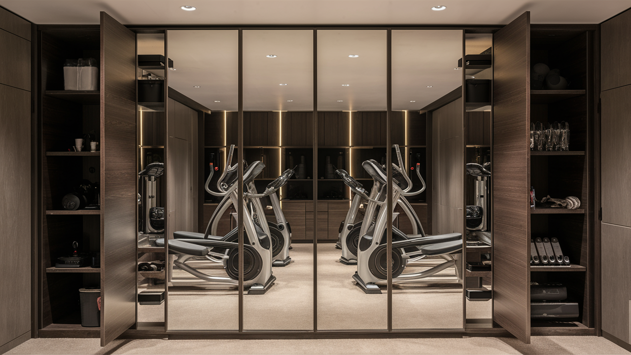 Hidden storage solutions like mirrored cabinets in a luxury home gym.