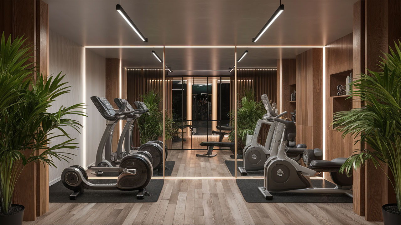 Indoor plants placed around a luxury home gym to add a touch of nature.