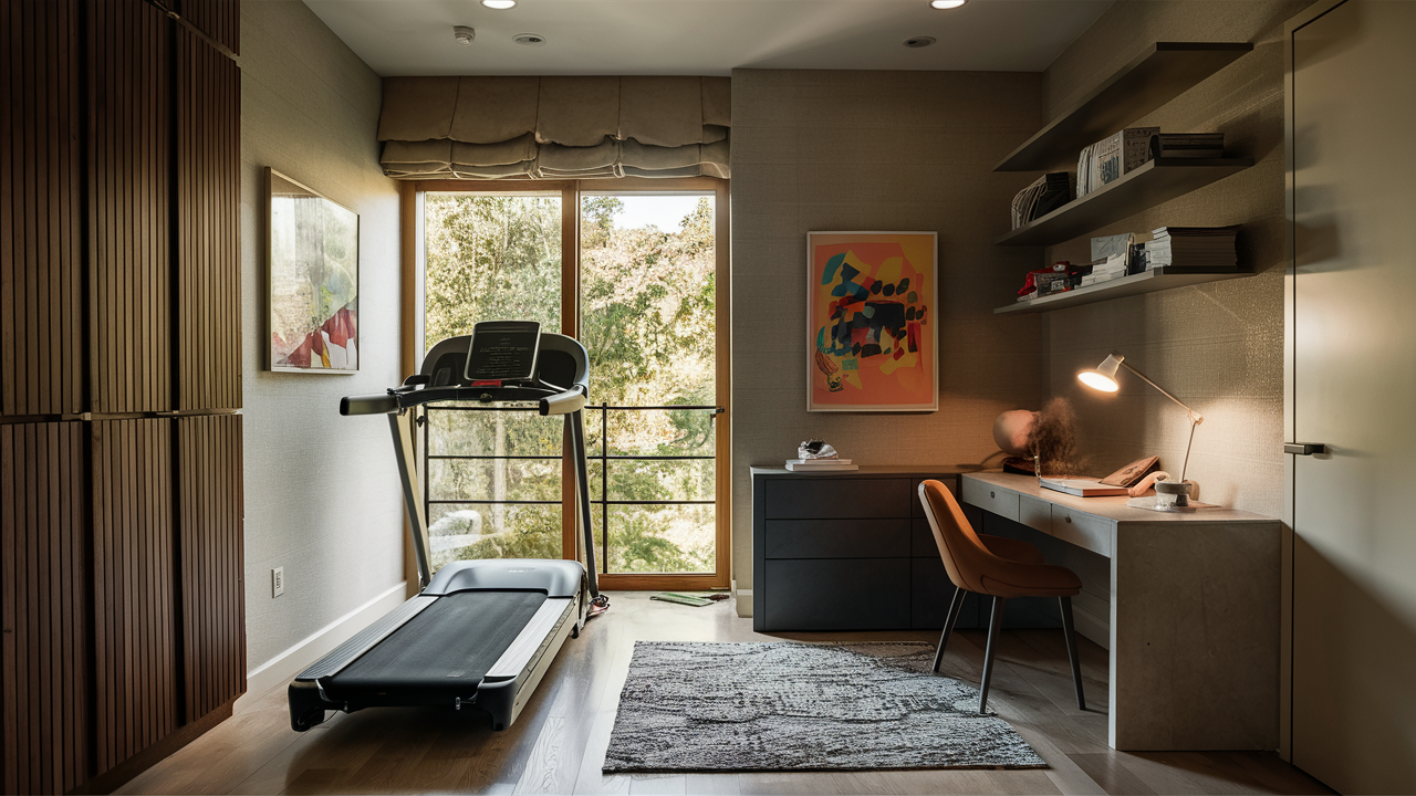 Small bedroom corner with a foldable treadmill and wall-mounted storage solutions.