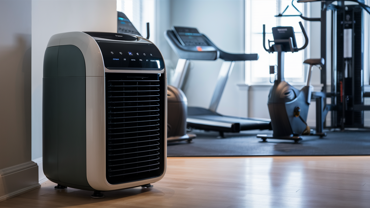 Sleek, portable air conditioner with modern design and advanced features in a small home gym.