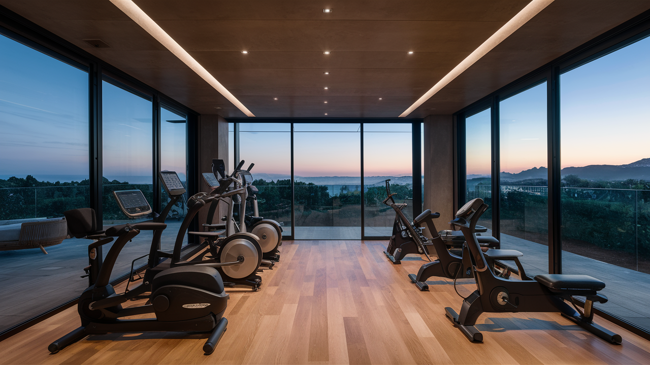  Home gym with smart lighting and thermostat integration for a luxurious experience.