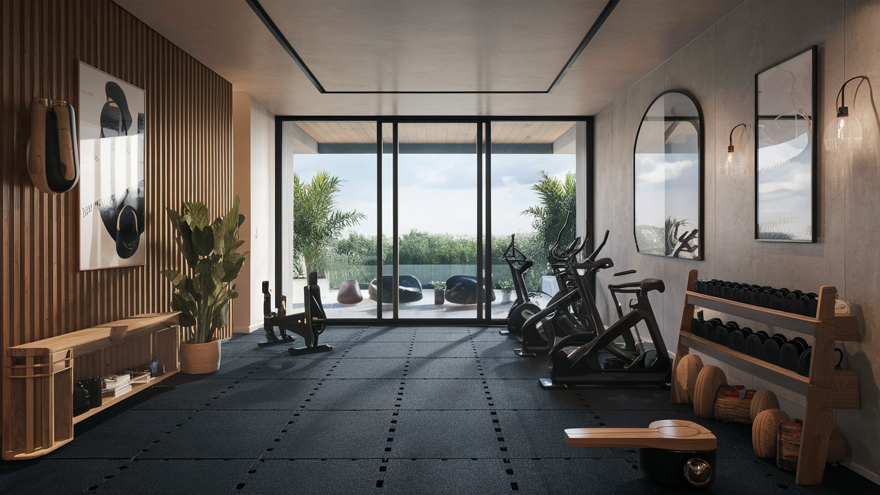 High-quality rubber tiles installed in a small luxury home gym.