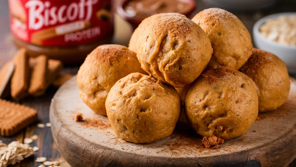 Biscoff Cheesecake Protein Balls on a wooden board with a jar of Biscoff spread and Biscoff biscuits in the background